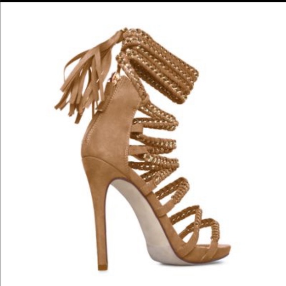 ShoeDazzle Raenetta. Tan Strappy Faux Suede Heels - Picture 3 of 7